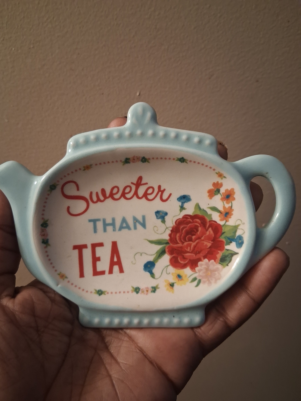 Pioneer Woman Tea Bag Holder Spoon Rest 'Sweeter Than Tea' Teapot design